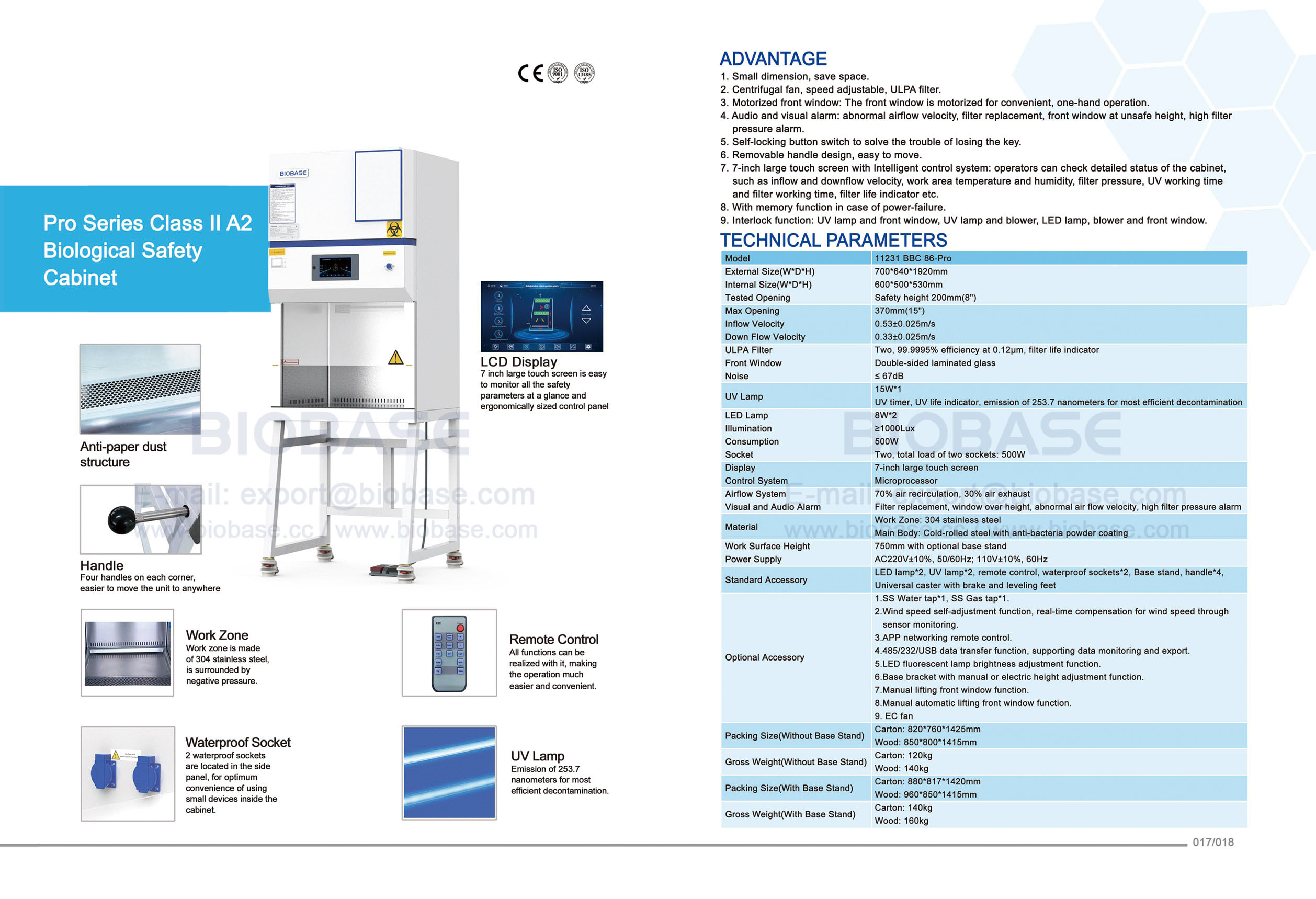 17-18 Pro Série Pro Classe II A2 Gabinete de Segurança Biológica 11231 BBC 86-Pro