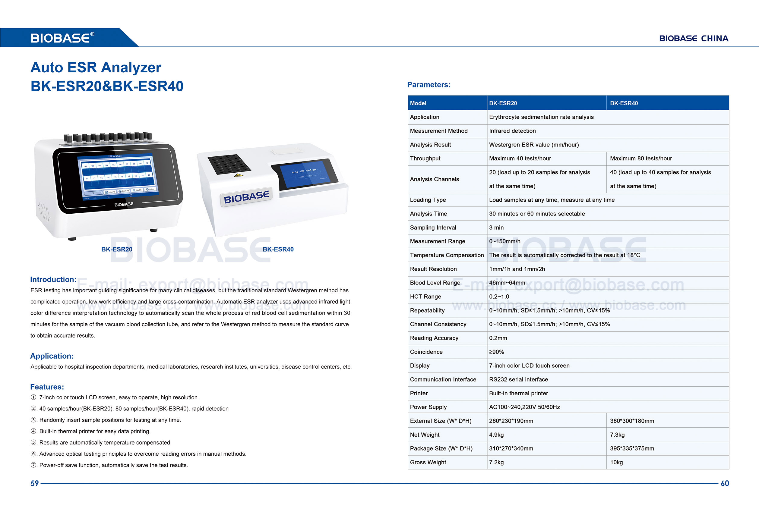 Analisador ESR automático 59-60 BK-ESR20 e BK-ESR40