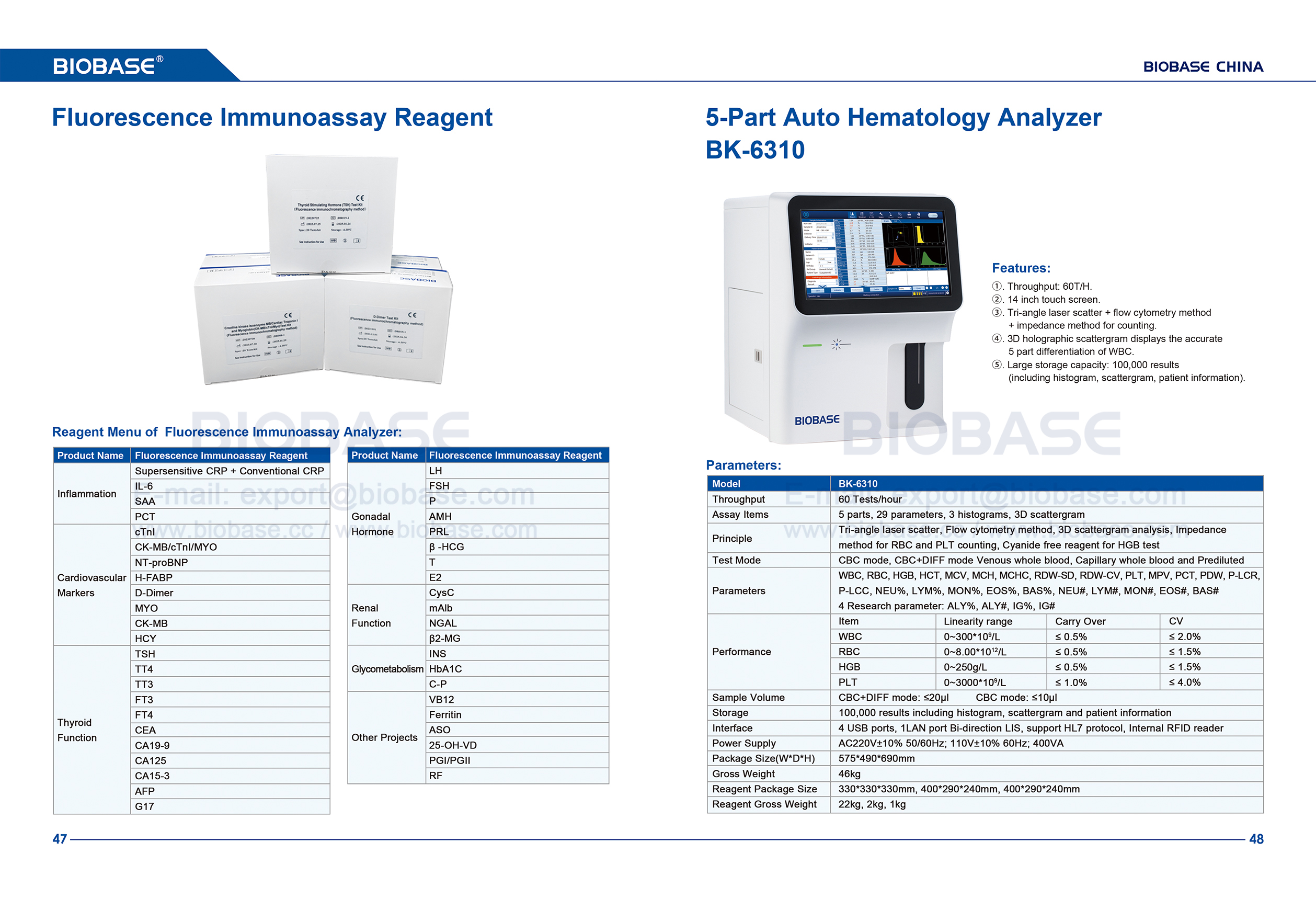 47-48 Reagente de Imunoensaio de Fluorescência e Analisador de Hematologia Auto-Auto em 5 partes BK-6310