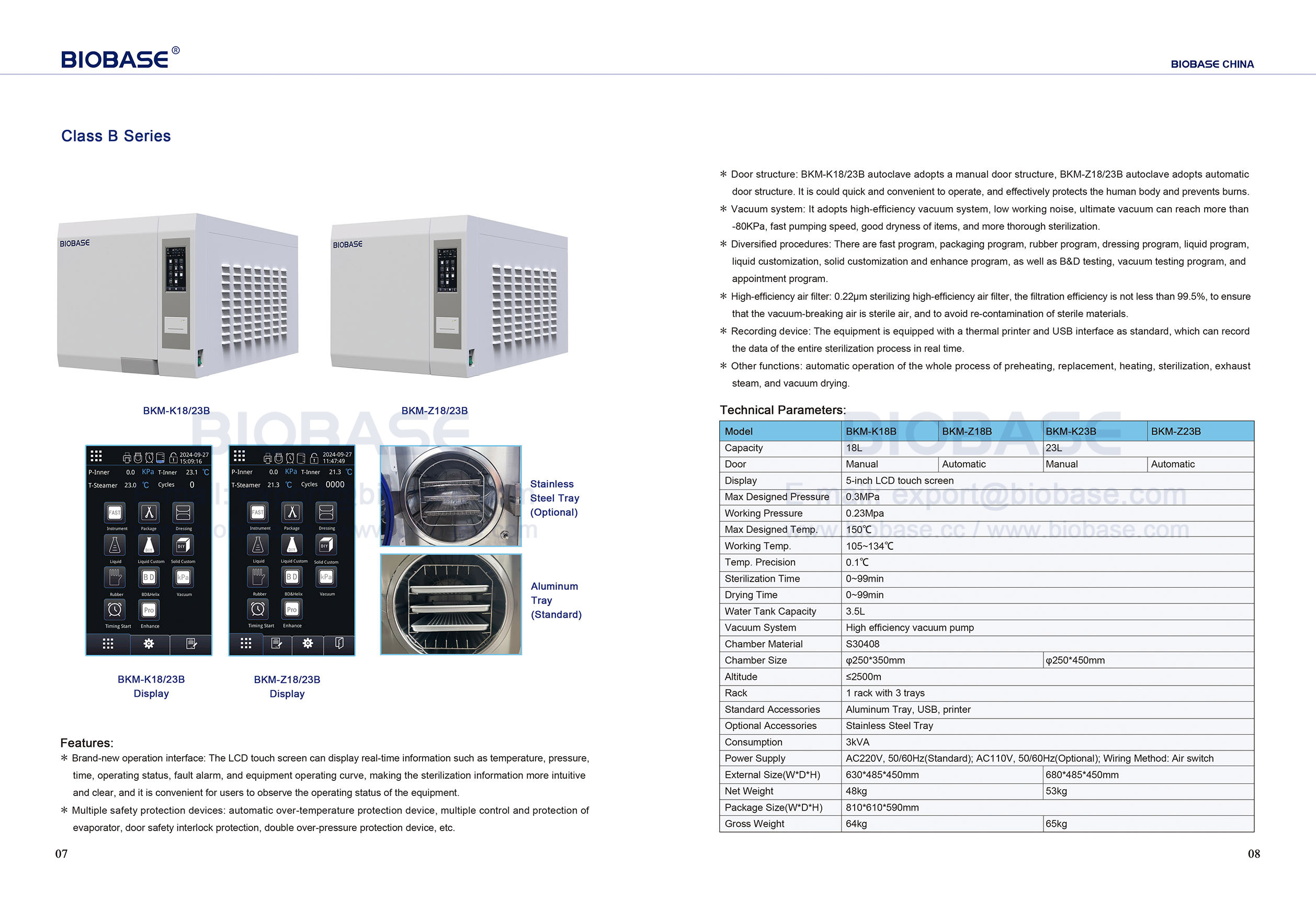 7-8 Tabela Top AutoClave Classe B Series BKM-K18B Z18B & K23B Z23B