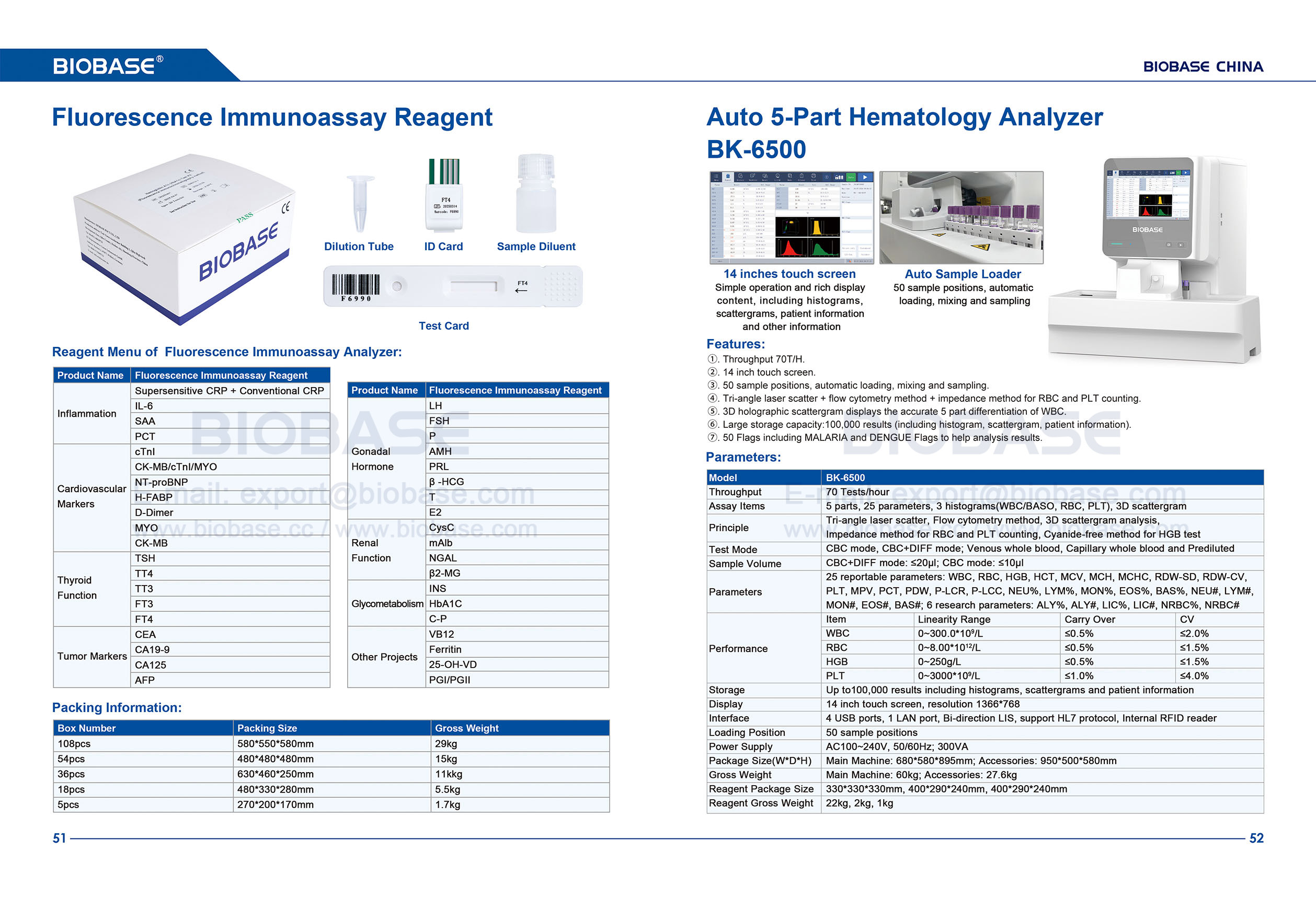 51-52 Reagente de imunoensaio de fluorescência e Analisador de hematologia de 5 partes automático BK-6500
