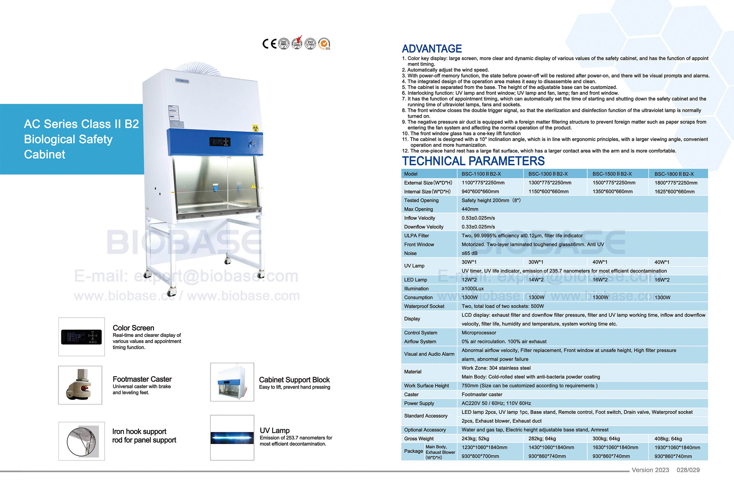 28-29 AC Série Classe II A2Gabinete de segurança biológica BSC-1100 II B2-X e BSC-1300 II A2-X e BSC-1500 II B2-X e BSC-1800 II B2-X