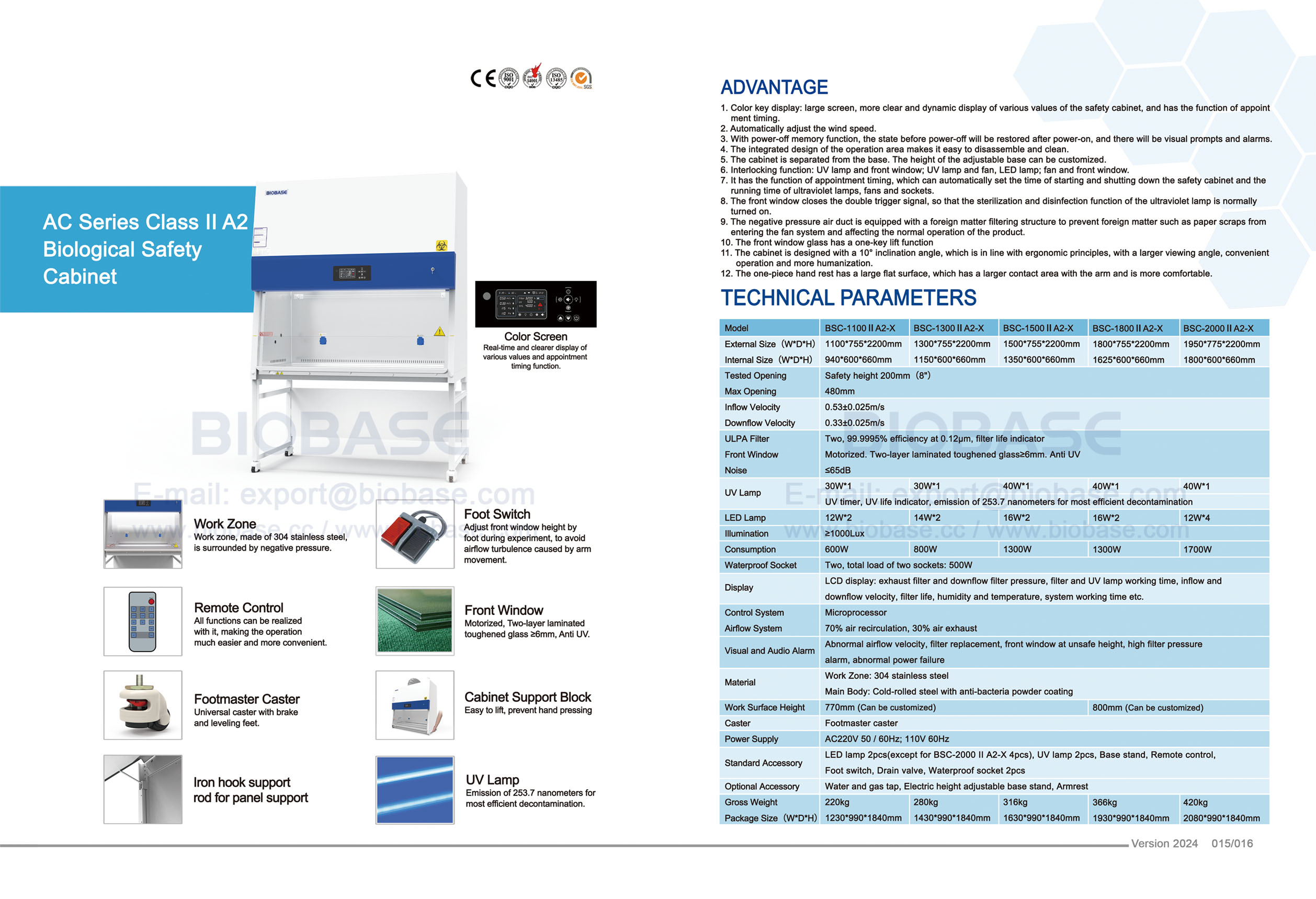 15-16 Gabinete de Segurança Biológica Série AC Classe II A2 BSC-1100 II A2-X e BSC-1300 II A2-X e BSC-1300 II A2-X e BSC-1800 II A2-X e BSC-2000 II A2-X