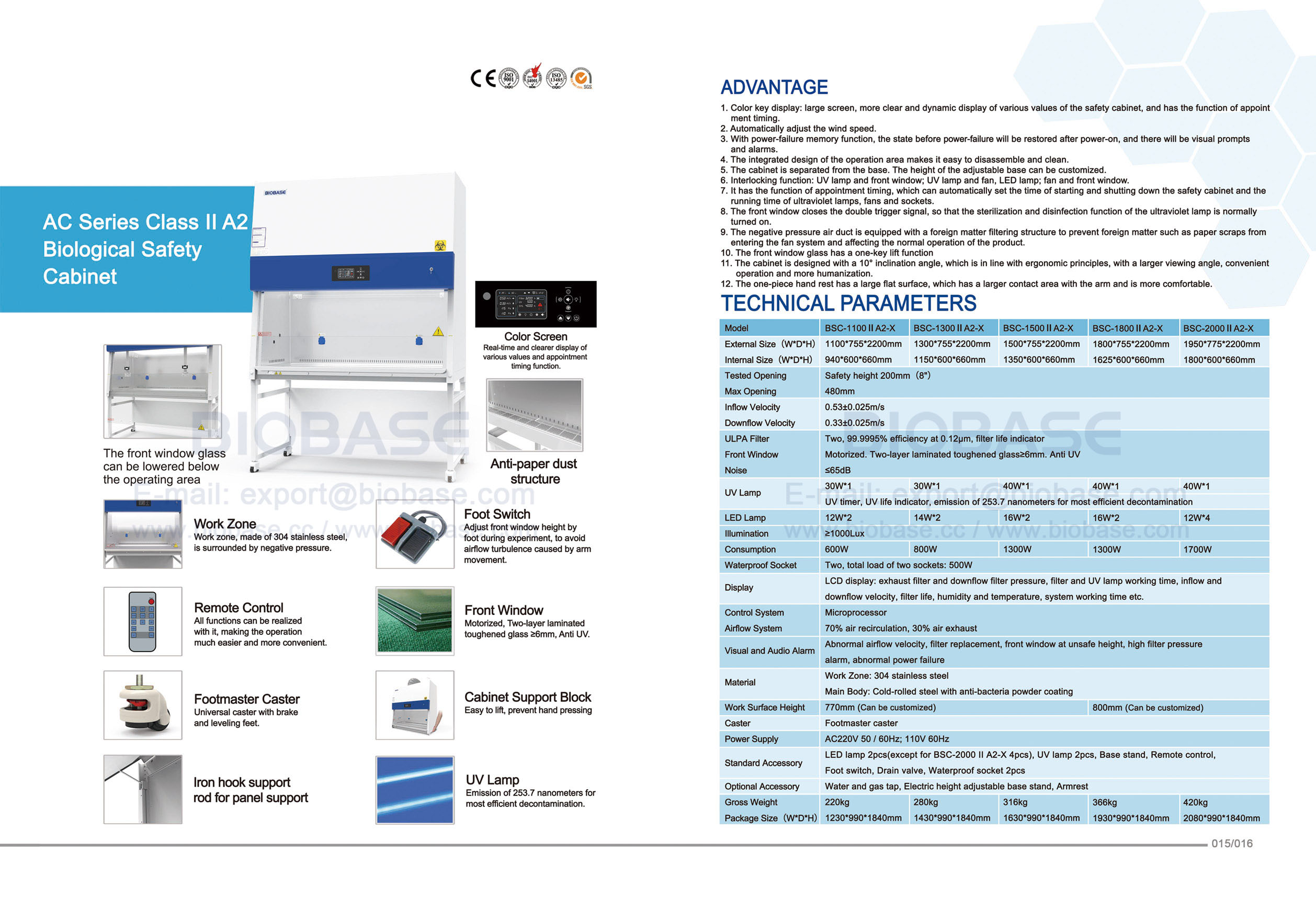 15-16 Classe AC Classe II A2 Gabinete de Segurança Biológica BSC-1100 II A2-X & BSC-1300 II A2-X & BSC-1300 II A2-X & BSC-1800 II A2-X & BSC-2000 II A2-X