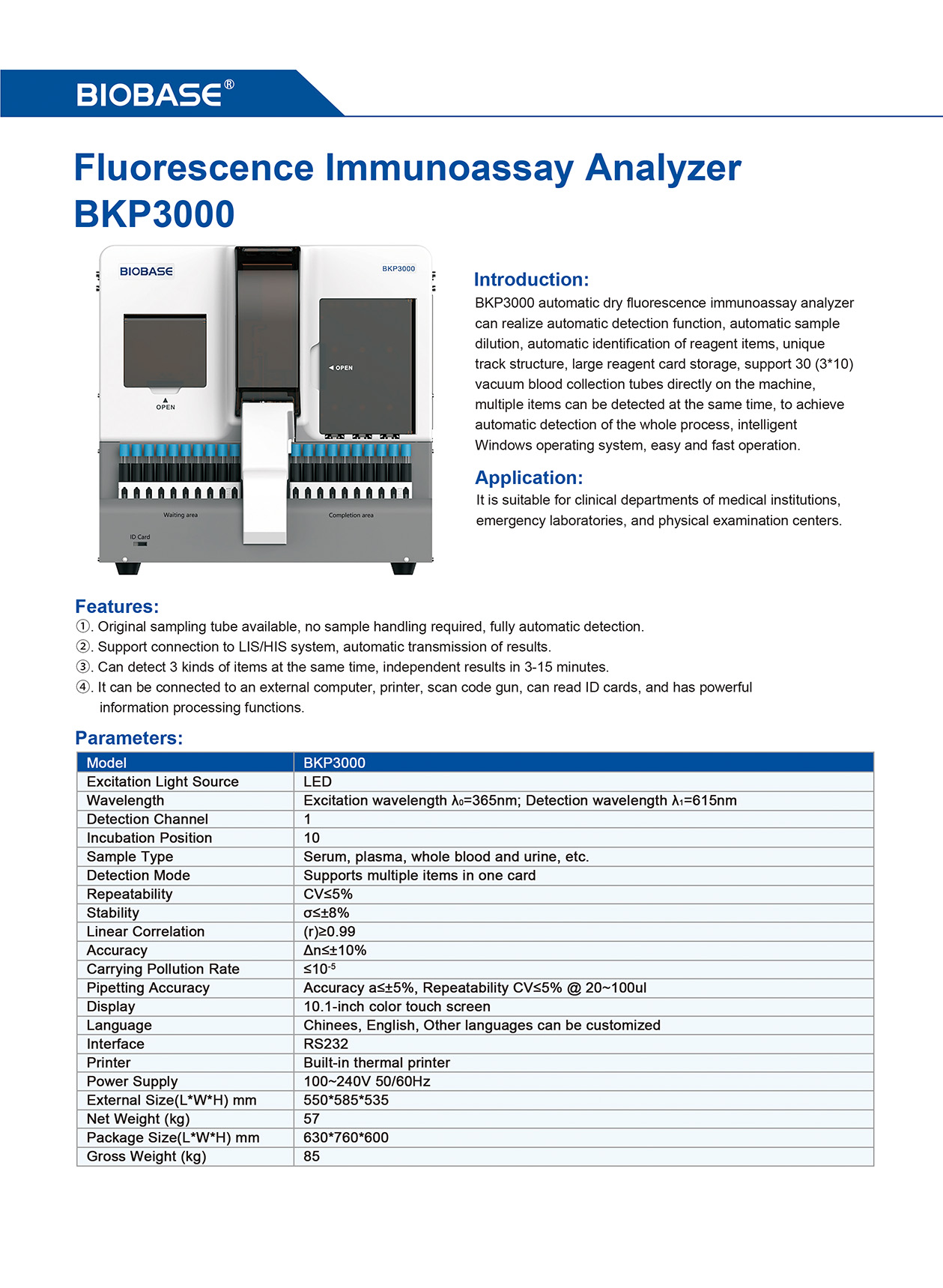 Analisador de imunoensaio de fluorescência BKP3000