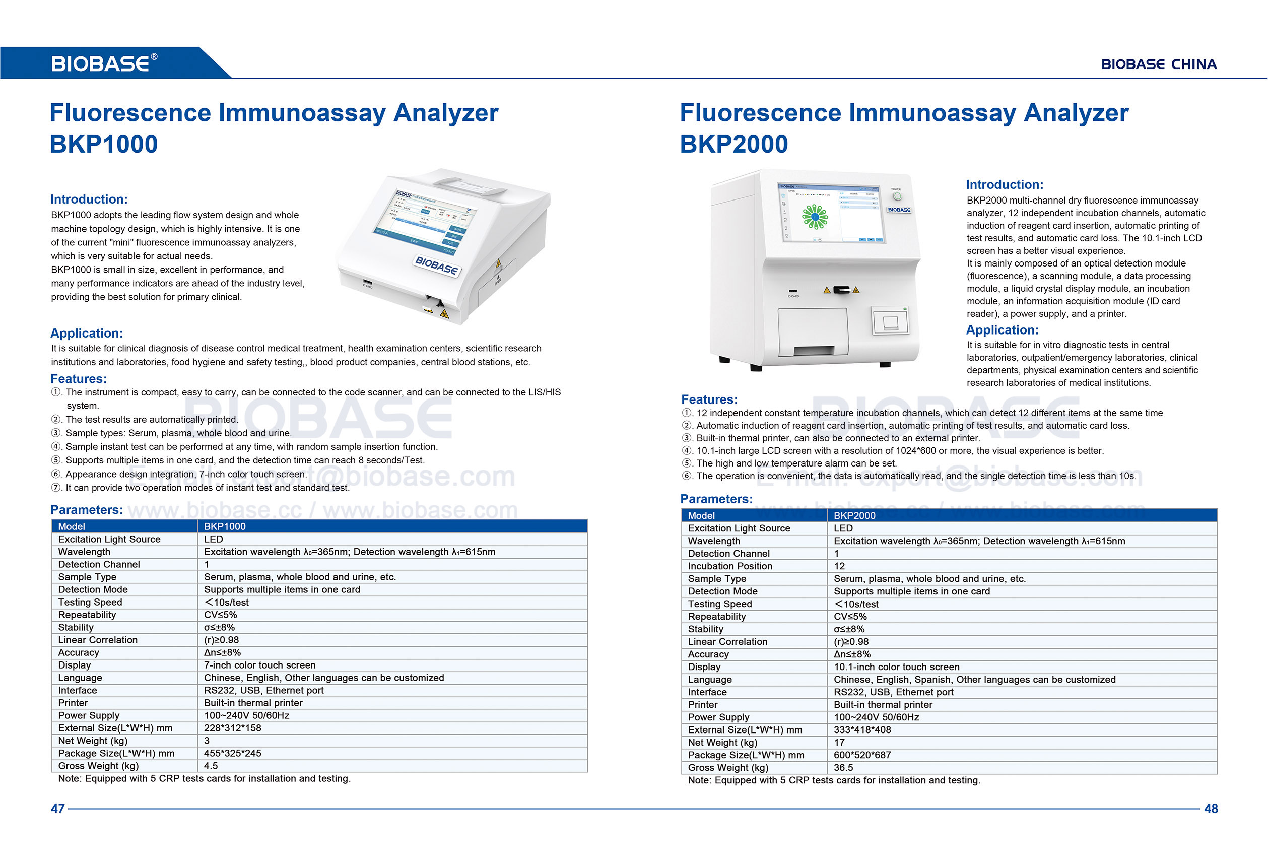 Analisador de imunoensaio de fluorescência 47-48 BKP1000 e BKP2000