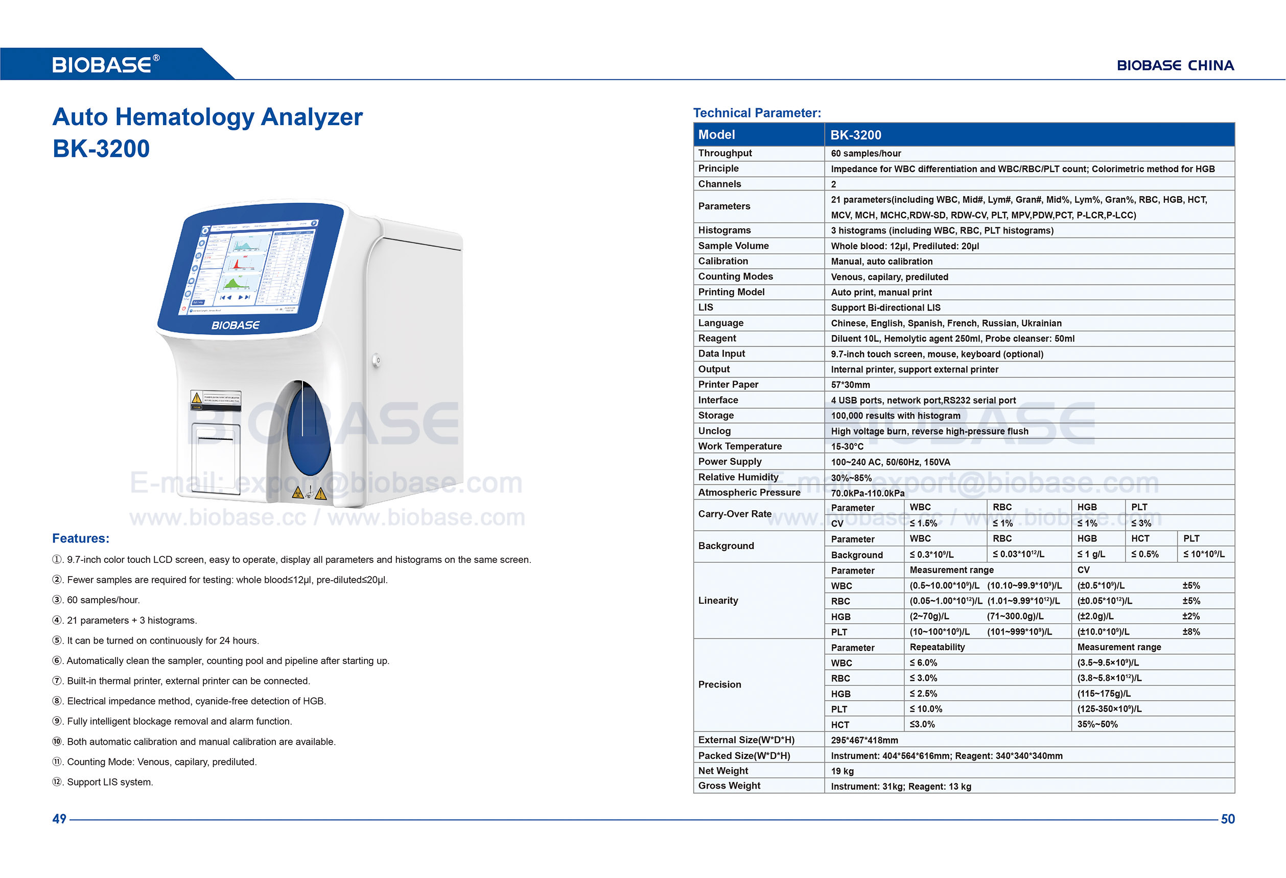 Analisador Automático de Hematologia 49-50 BK-3200