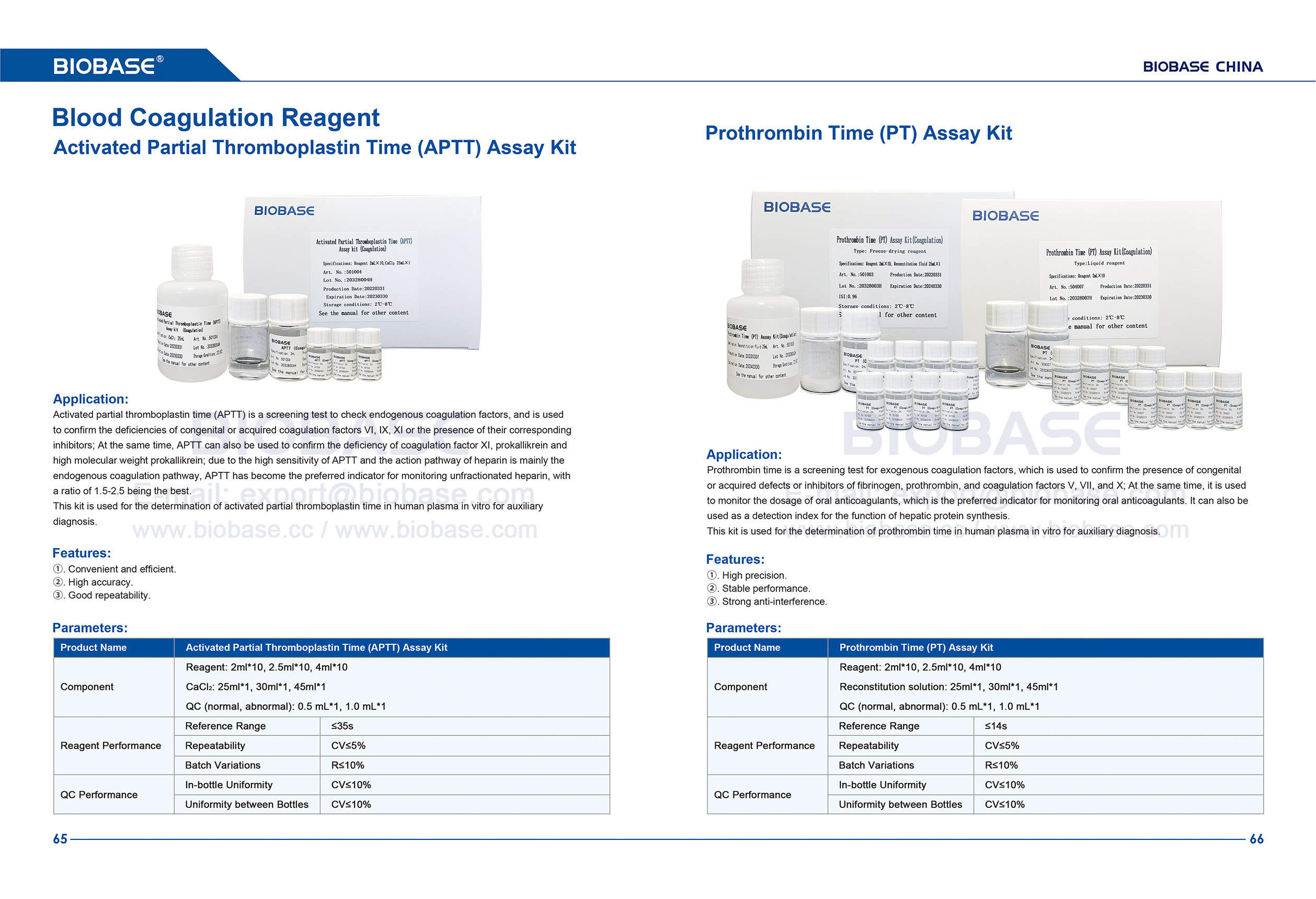 65-66 Kit de ensaio de tempo de tromboplastina parcial ativada (APTT) e kit de ensaio de tempo de protrombina (PT)