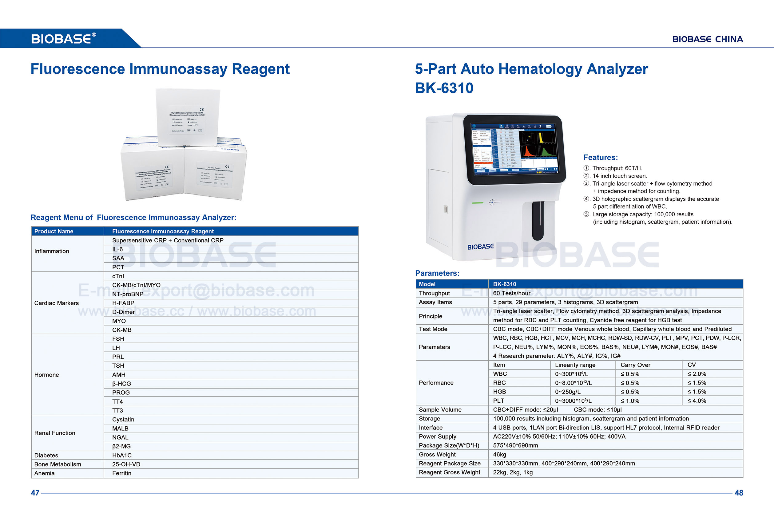 Reagente de imunoensaio de fluorescência 47-48 e analisador automático de hematologia de 5 partes BK-6310