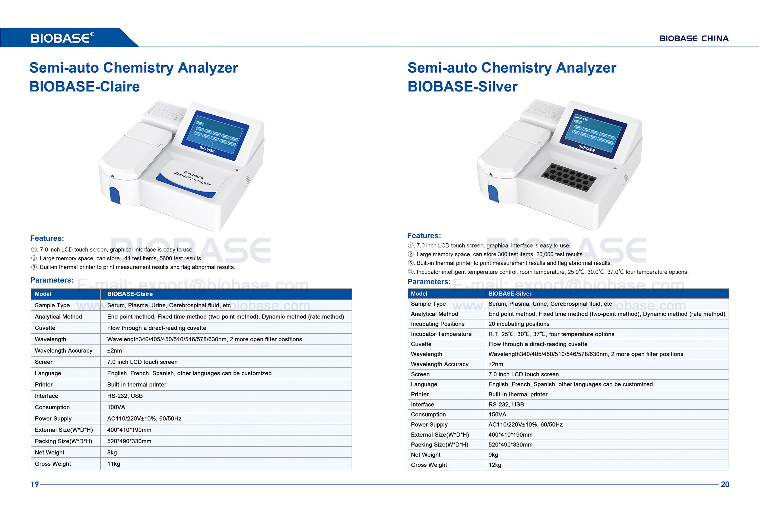 19-20 Analisador Químico Semiautomático BIOBASE-Claire&BIOBASE-Silver