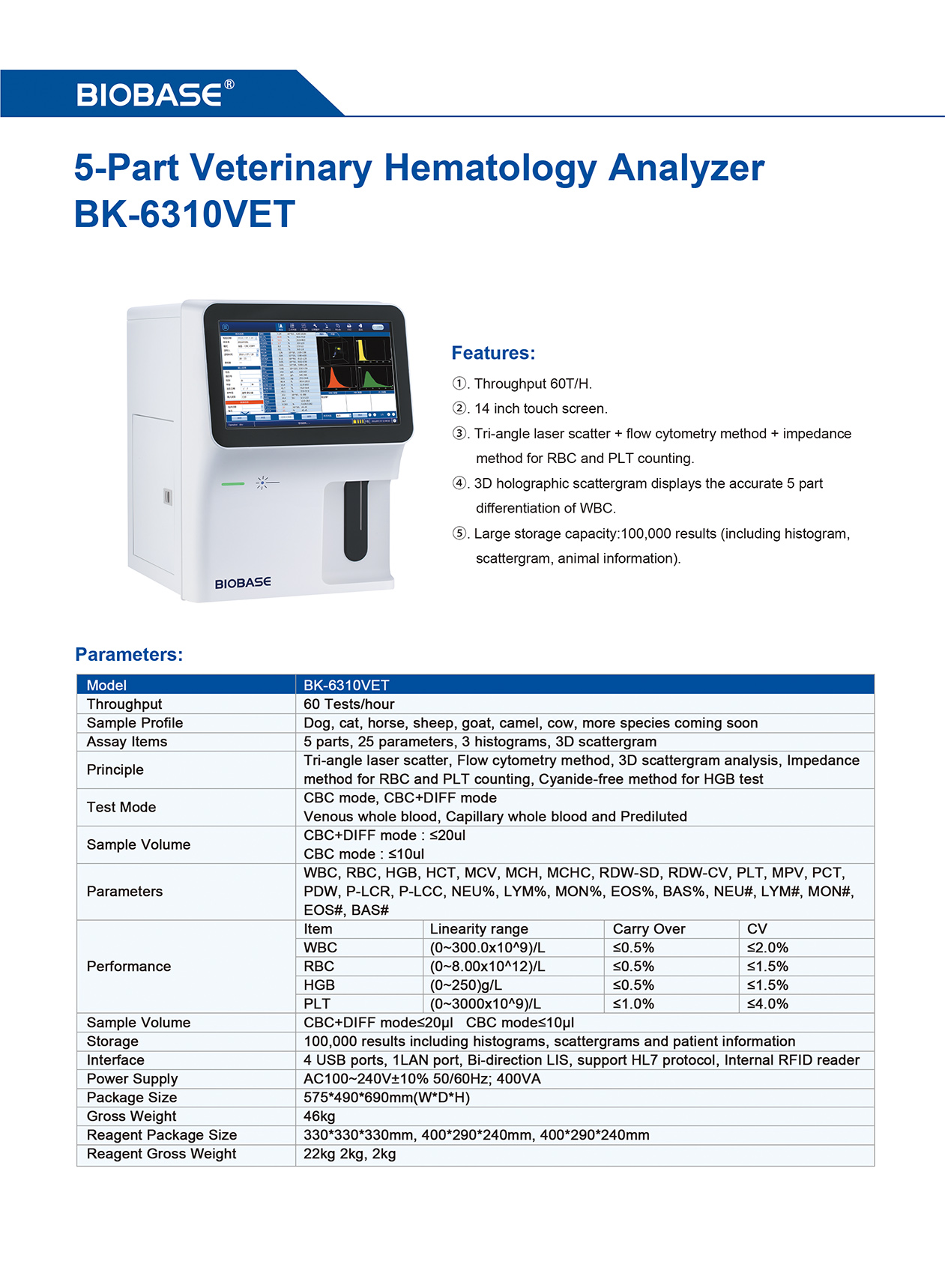 Analisador hematológico veterinário de 5 partes BK-6310VET