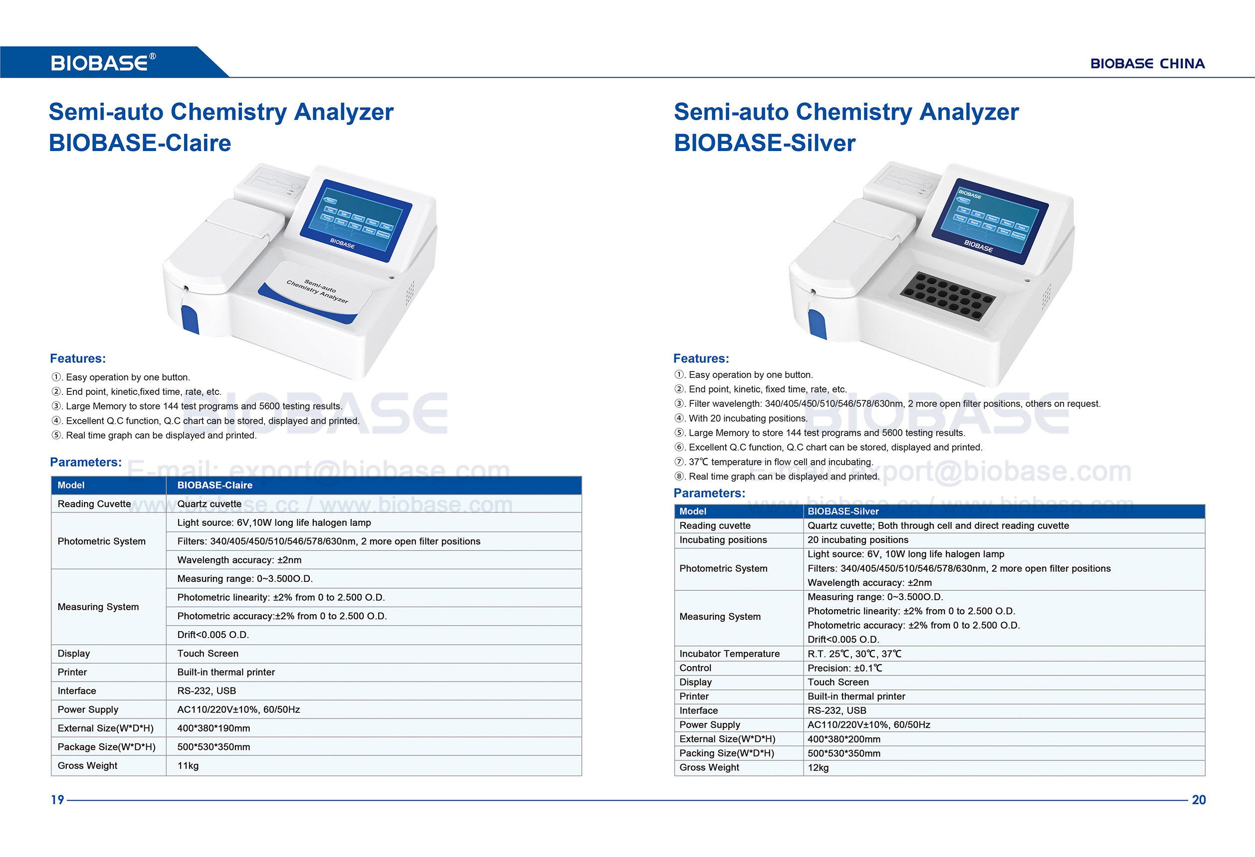 19-20 Analisador Químico Semiautomático BIOBASE-Claire&BIOBASE-Silver