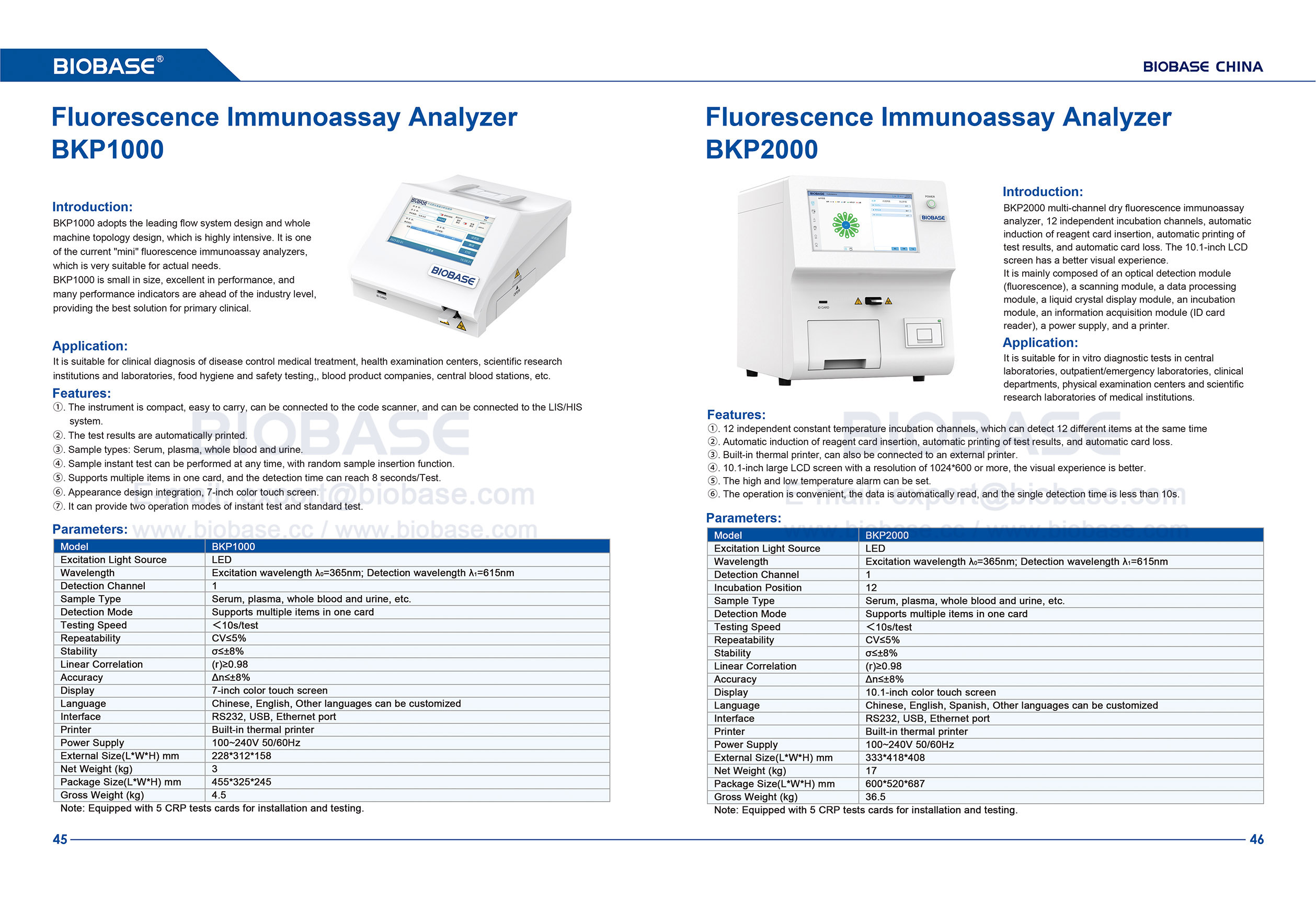 Analisador de imunoensaio de fluorescência 45-46 BKP1000 e BKP2000