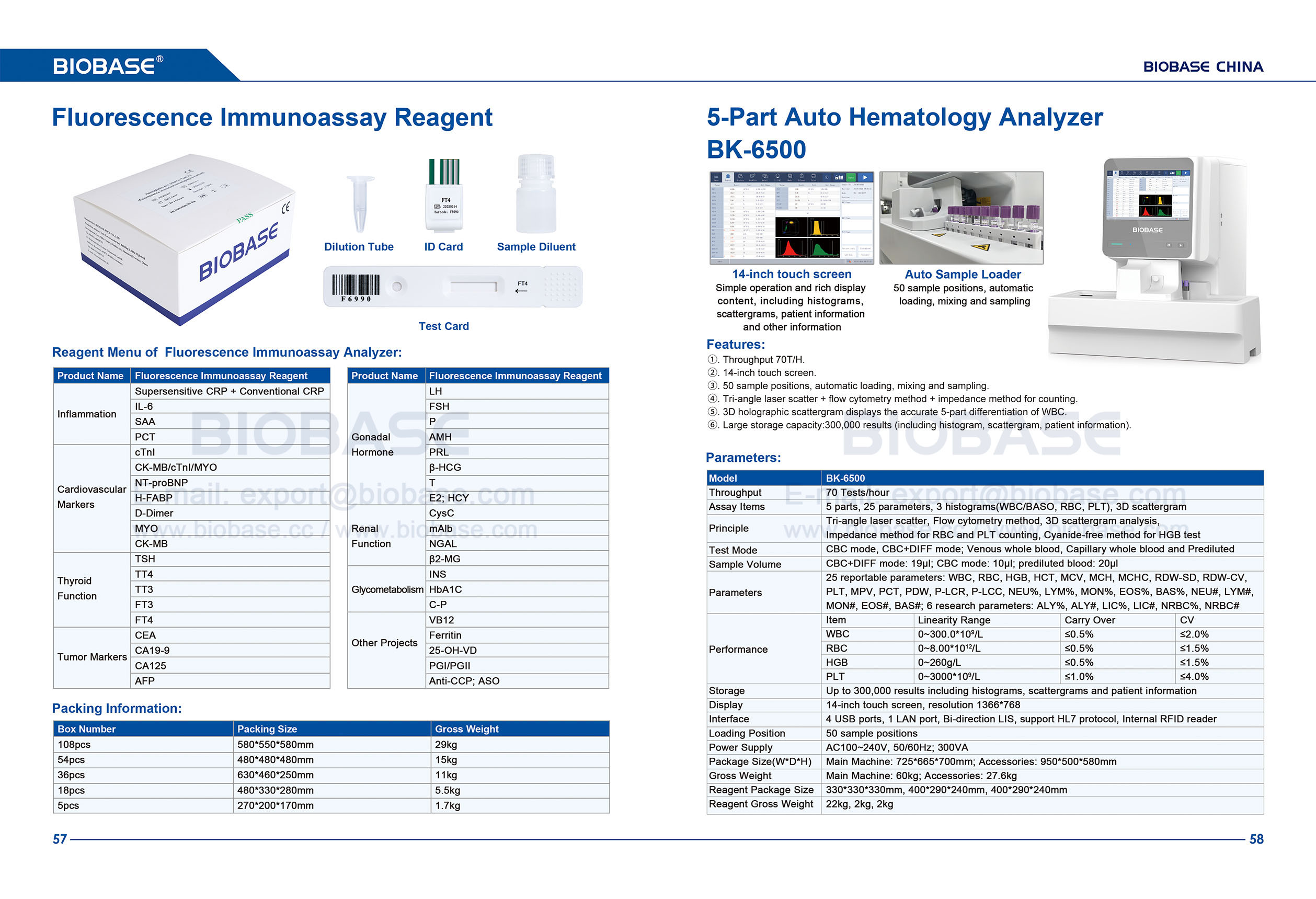 Reagente de imunoensaio de fluoresc&ecirc;ncia 57-58 e analisador autom&aacute;tico de hematologia de 5 partes BK-6500
