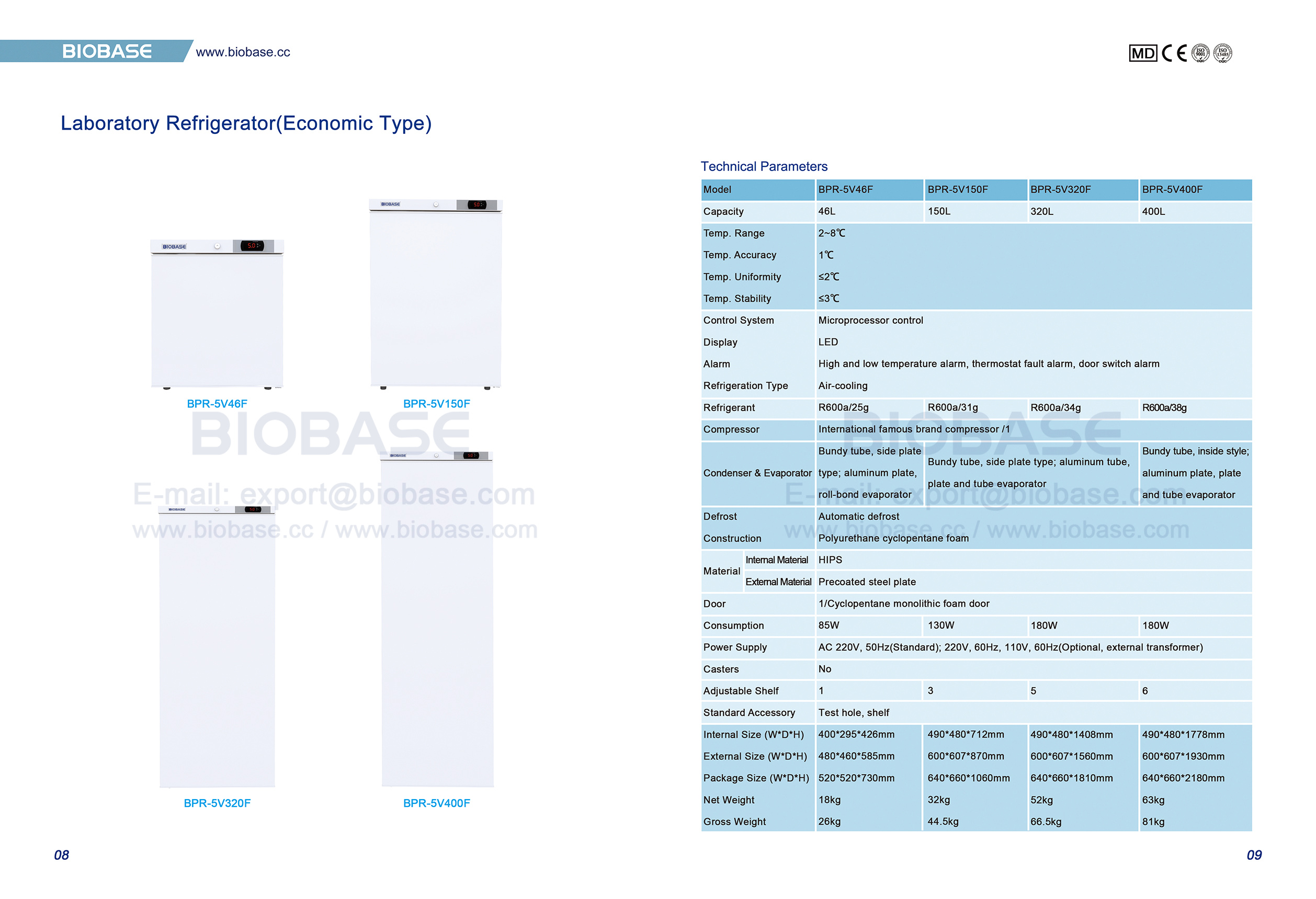 8-9 Refrigerador de laborat&oacute;rio (tipo econ&ocirc;mico) BPR-5V46F BPR-5V150F BPR-5V320F BPR-5V400F